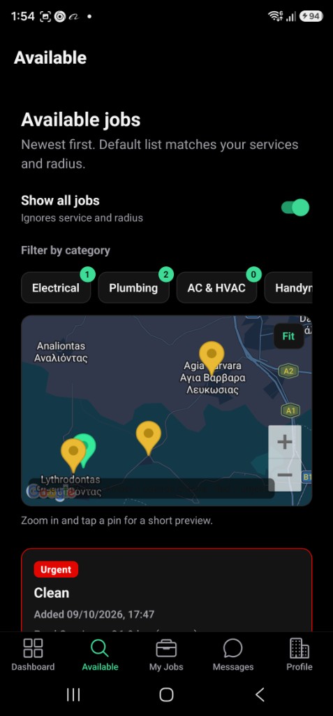 Available jobs in FindMe: a map of nearby work that matches a contractor's services and radius.